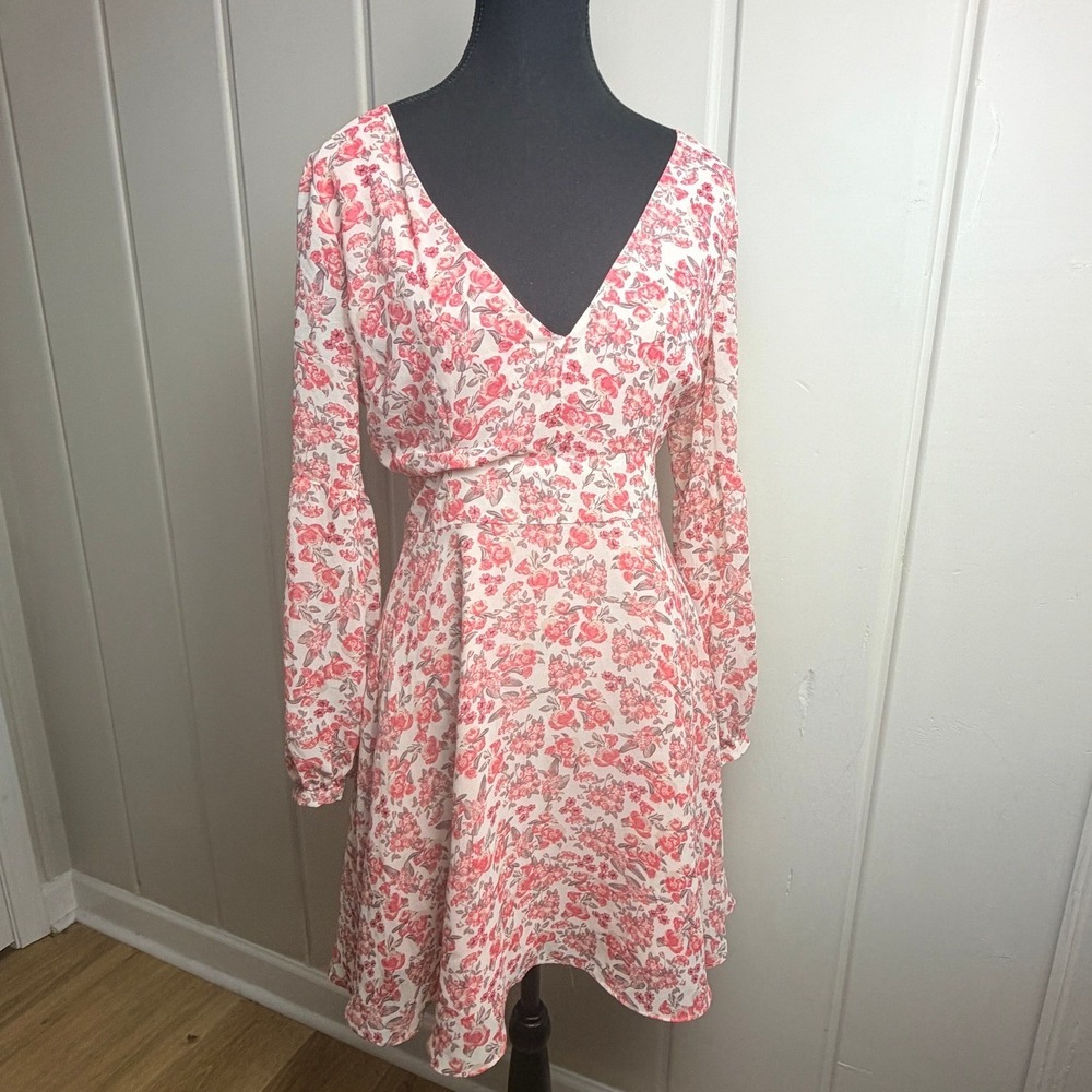 BB Dakota Pink Floral V-Neck Long Sleeve Mini Dress Size 4 Cottagecore Boho